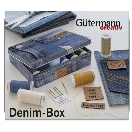 JEANSTRÅDBOX - DENIM MED NÅLAR OCH ETIKETTER