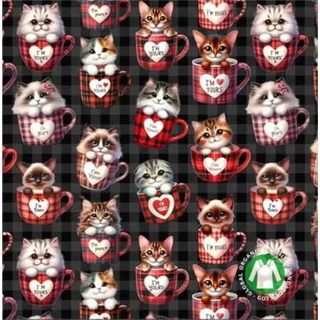 Jersey print with cute cats in heart cups